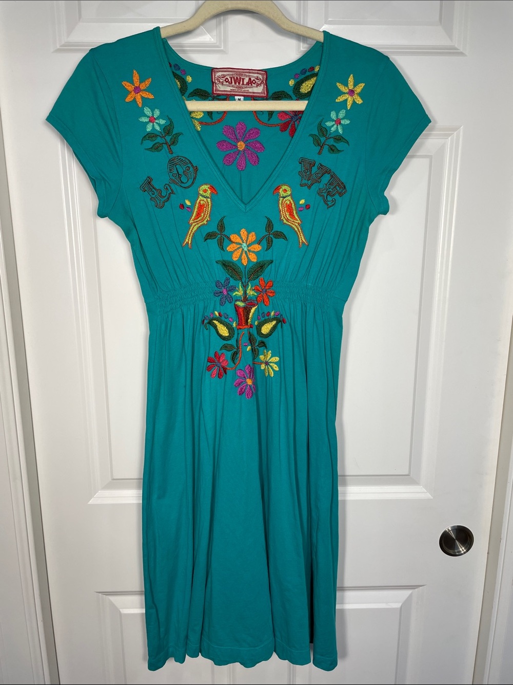 Johnny Was Midi Dress Medium Embroidered V Neck Green Short Sleeve